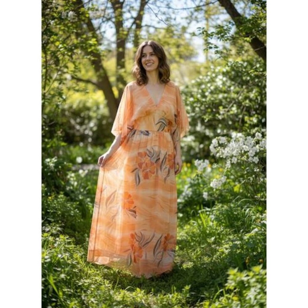 Vintage Edith Flagg Maxi Dress - Orange Floral Chiffon Kaftan Style - Size Small